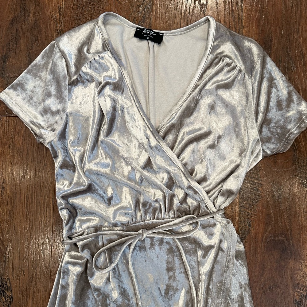 NastyGal Silver Velvet Wrap Dress